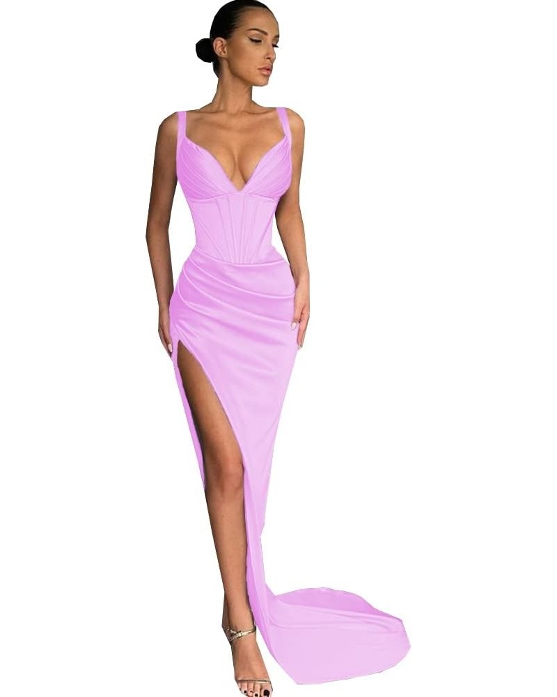 Women's Mermaid High Slit V-Neck Prom Dresses Long Satin Sweetheart Party Gowns with Train Lilac $32.25 Dresses