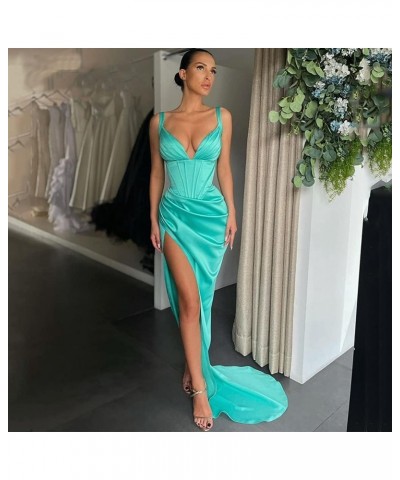 Women's Mermaid High Slit V-Neck Prom Dresses Long Satin Sweetheart Party Gowns with Train Lilac $32.25 Dresses