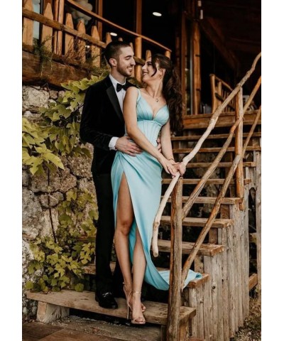 Women's Mermaid High Slit V-Neck Prom Dresses Long Satin Sweetheart Party Gowns with Train Lilac $32.25 Dresses