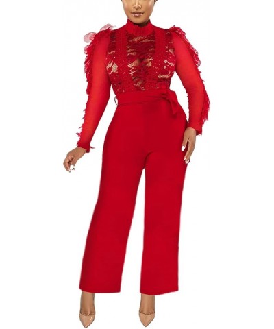 Womens Sexy Lace Jumpsuit See Through Mesh Ruffle Long Sleeve Short Romper Clubwear with Belt Long Pant Red $20.29 Rompers