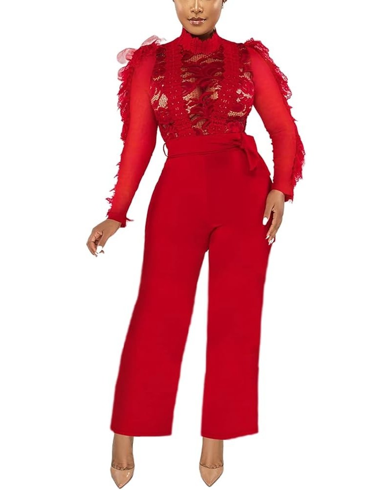 Womens Sexy Lace Jumpsuit See Through Mesh Ruffle Long Sleeve Short Romper Clubwear with Belt Long Pant Red $20.29 Rompers