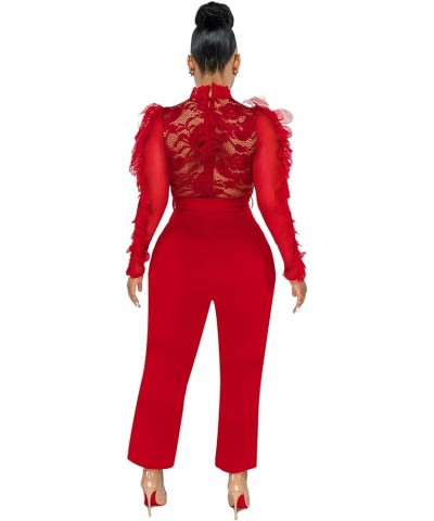 Womens Sexy Lace Jumpsuit See Through Mesh Ruffle Long Sleeve Short Romper Clubwear with Belt Long Pant Red $20.29 Rompers