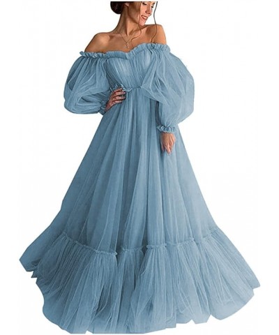 Long Puffy Sleeve Tulle Prom Dress Sweetheart Off Shoulder Puffy Court of Honor Dress A Line for Photoshoot CA62 Dusty Blue $...