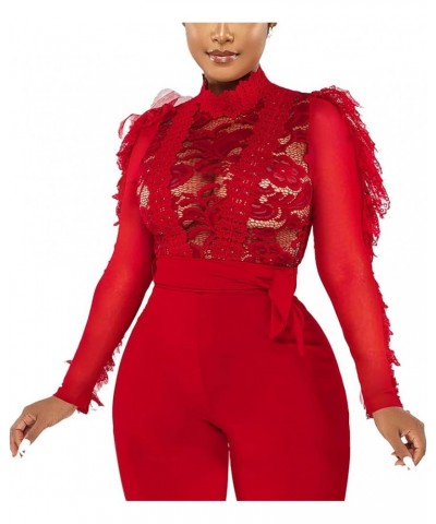 Womens Sexy Lace Jumpsuit See Through Mesh Ruffle Long Sleeve Short Romper Clubwear with Belt Long Pant Red $20.29 Rompers