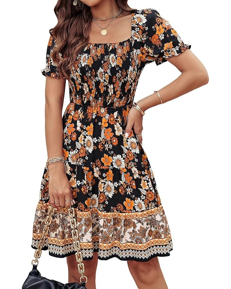 Women's 2024 Summer Square Neck Smocked Floral Dress Boho Off Shoulder Ruffle Tiered Flowy Mini Short Dresses Style2-black Su...