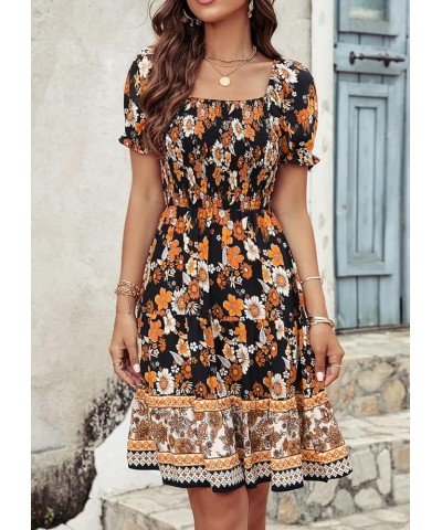 Women's 2024 Summer Square Neck Smocked Floral Dress Boho Off Shoulder Ruffle Tiered Flowy Mini Short Dresses Style2-black Su...