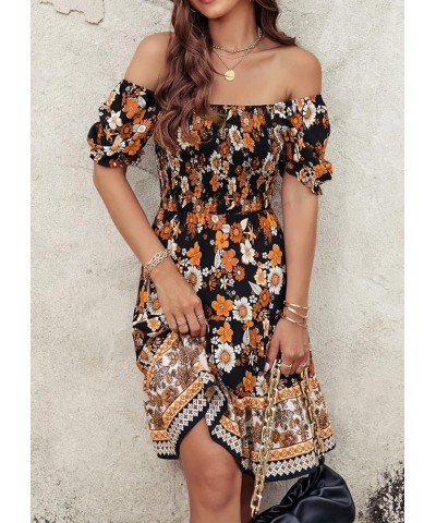 Women's 2024 Summer Square Neck Smocked Floral Dress Boho Off Shoulder Ruffle Tiered Flowy Mini Short Dresses Style2-black Su...