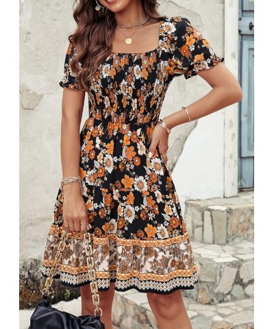 Women's 2024 Summer Square Neck Smocked Floral Dress Boho Off Shoulder Ruffle Tiered Flowy Mini Short Dresses Style2-black Su...