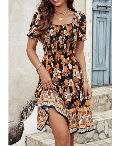 Women's 2024 Summer Square Neck Smocked Floral Dress Boho Off Shoulder Ruffle Tiered Flowy Mini Short Dresses Style2-black Su...