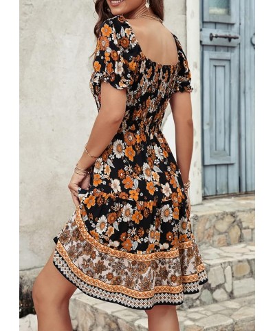 Women's 2024 Summer Square Neck Smocked Floral Dress Boho Off Shoulder Ruffle Tiered Flowy Mini Short Dresses Style2-black Su...