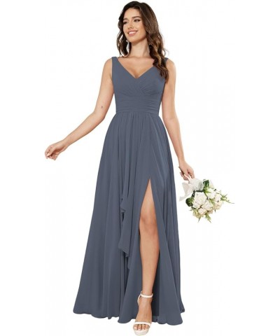 Women's V-Neck Bridesmaid Dresses with Slit Long Chiffon Ruffle Formal Party Dresses with Pleated XOD110 Stormy Blue $31.20 D...