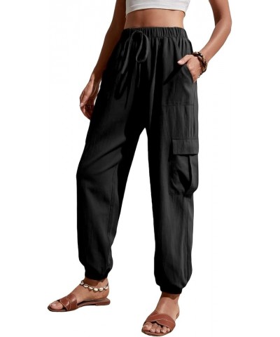 Women's High Waist Tie Knot Front Cargo Pants Casual Joggers Trousers with Pockets Solid Black $10.00 Pants