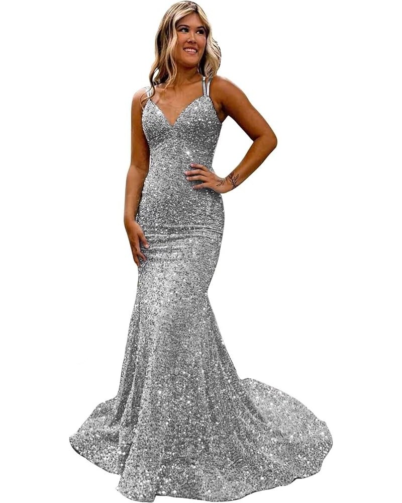 Mermaid Sequin 2024 Prom Dresses Long Spaghetti Straps Evening Dresses V Neck Formal Gowns for Women Silver $43.99 Dresses