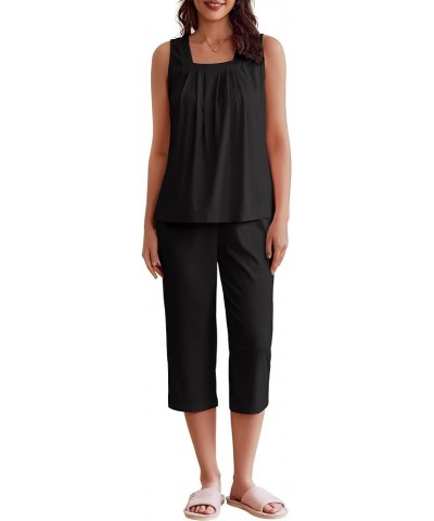 Womens Pajamas Loose Fit Pleated Square Neck Sleeveless Tops and Capri Pants Lounge Sets 2 Piece Outfits S-3XL Black $19.07 S...