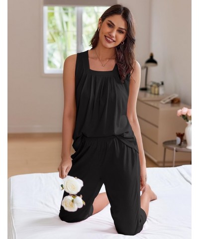 Womens Pajamas Loose Fit Pleated Square Neck Sleeveless Tops and Capri Pants Lounge Sets 2 Piece Outfits S-3XL Black $19.07 S...