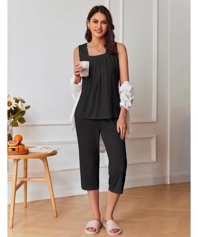 Womens Pajamas Loose Fit Pleated Square Neck Sleeveless Tops and Capri Pants Lounge Sets 2 Piece Outfits S-3XL Black $19.07 S...