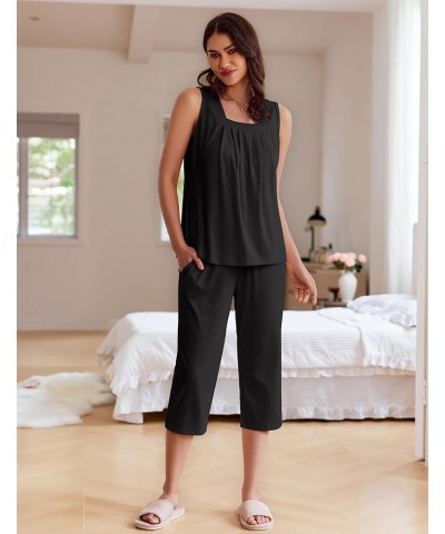 Womens Pajamas Loose Fit Pleated Square Neck Sleeveless Tops and Capri Pants Lounge Sets 2 Piece Outfits S-3XL Black $19.07 S...