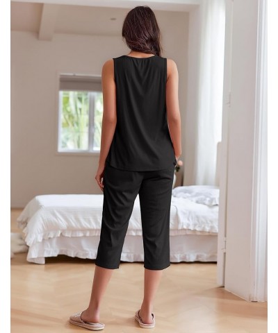 Womens Pajamas Loose Fit Pleated Square Neck Sleeveless Tops and Capri Pants Lounge Sets 2 Piece Outfits S-3XL Black $19.07 S...