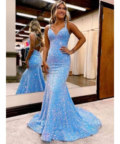 Mermaid Sequin 2024 Prom Dresses Long Spaghetti Straps Evening Dresses V Neck Formal Gowns for Women Silver $43.99 Dresses