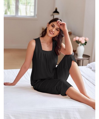 Womens Pajamas Loose Fit Pleated Square Neck Sleeveless Tops and Capri Pants Lounge Sets 2 Piece Outfits S-3XL Black $19.07 S...