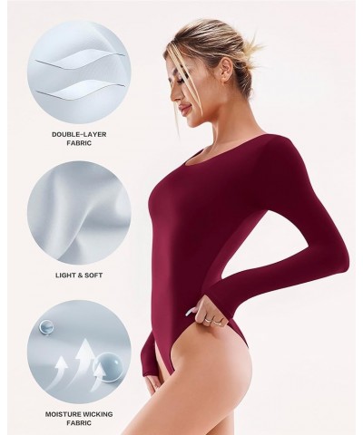 Bodysuits for Women Scoop Neck Bodysuit Sleeveless Long Sleeve Sexy Tops Double Lined A Burgundy $13.86 Bodysuits