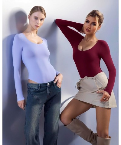 Bodysuits for Women Scoop Neck Bodysuit Sleeveless Long Sleeve Sexy Tops Double Lined A Burgundy $13.86 Bodysuits