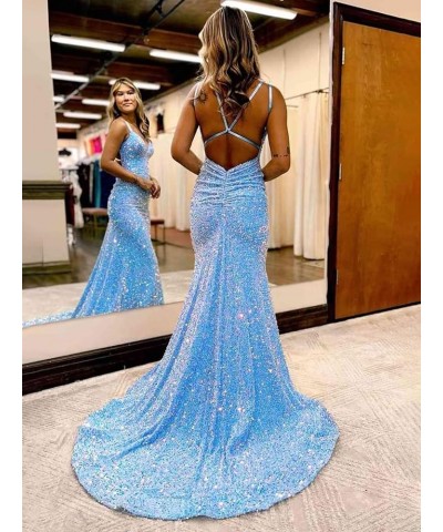 Mermaid Sequin 2024 Prom Dresses Long Spaghetti Straps Evening Dresses V Neck Formal Gowns for Women Silver $43.99 Dresses