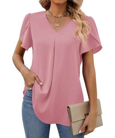 Women's Summer Tops Short Sleeve Dressy Chiffon Blouses V Neck Work Tunic Tops Casual Loose T-Shirts Pink $12.76 Tops