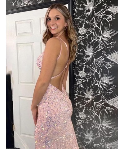 Mermaid Sequin 2024 Prom Dresses Long Spaghetti Straps Evening Dresses V Neck Formal Gowns for Women Silver $43.99 Dresses