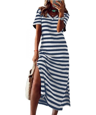 Women Summer Dress Striped Short Sleeve V Neck Sundress Casual Side Slit Beachwear T-Shirt Dresses Striped Blue White $14.85 ...