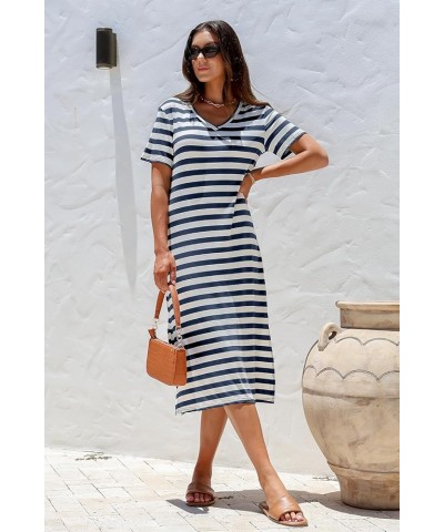 Women Summer Dress Striped Short Sleeve V Neck Sundress Casual Side Slit Beachwear T-Shirt Dresses Striped Blue White $14.85 ...