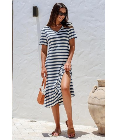 Women Summer Dress Striped Short Sleeve V Neck Sundress Casual Side Slit Beachwear T-Shirt Dresses Striped Blue White $14.85 ...