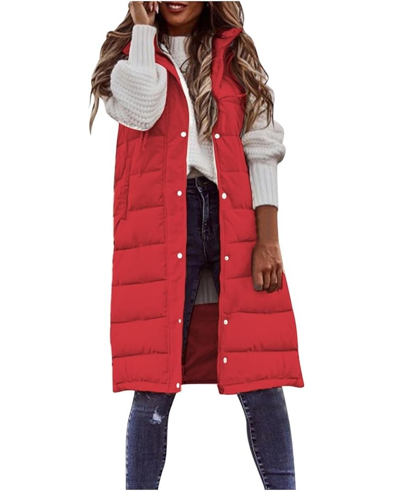 Womens Long Puffer Vest Winter Fall Warm Sleeveless Thick Fleece Cotton Coat 2023 Trendy Solid Zip Up Jacket A-red $10.34 Vests