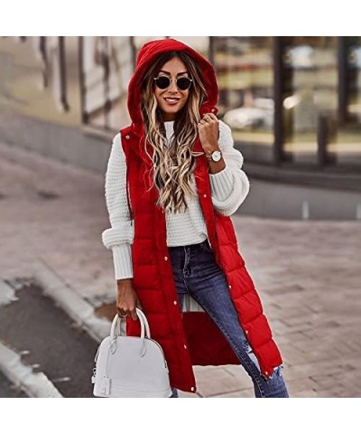 Womens Long Puffer Vest Winter Fall Warm Sleeveless Thick Fleece Cotton Coat 2023 Trendy Solid Zip Up Jacket A-red $10.34 Vests