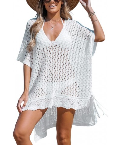 Women's Cover up V NeckCrochet Tie Side Beach Loose Short Sleeve Dress Mini Beach Dress White $20.64 Swimsuits