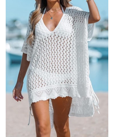 Women's Cover up V NeckCrochet Tie Side Beach Loose Short Sleeve Dress Mini Beach Dress White $20.64 Swimsuits