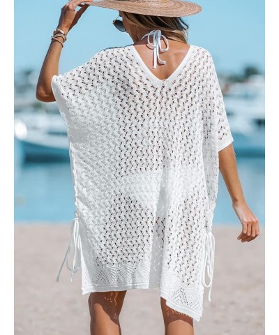 Women's Cover up V NeckCrochet Tie Side Beach Loose Short Sleeve Dress Mini Beach Dress White $20.64 Swimsuits