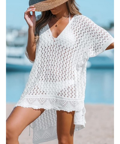 Women's Cover up V NeckCrochet Tie Side Beach Loose Short Sleeve Dress Mini Beach Dress White $20.64 Swimsuits