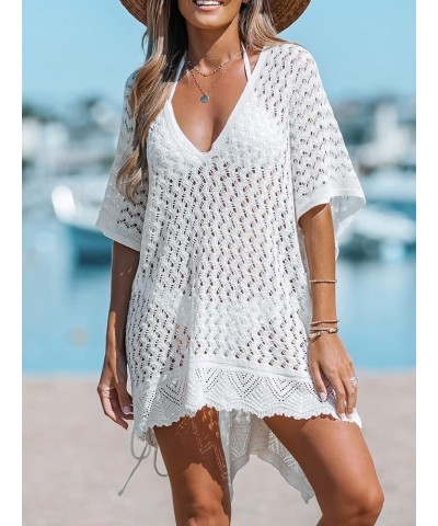 Women's Cover up V NeckCrochet Tie Side Beach Loose Short Sleeve Dress Mini Beach Dress White $20.64 Swimsuits