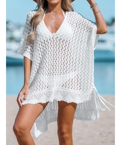 Women's Cover up V NeckCrochet Tie Side Beach Loose Short Sleeve Dress Mini Beach Dress White $20.64 Swimsuits