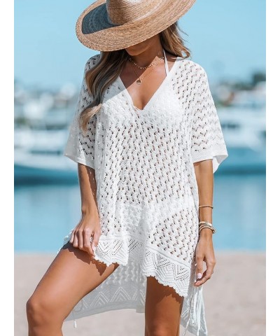 Women's Cover up V NeckCrochet Tie Side Beach Loose Short Sleeve Dress Mini Beach Dress White $20.64 Swimsuits