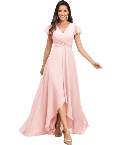 High Low Short Sleeve Bridesmaid Dresses for Women Long Chiffon Pleated V Neck Prom Formal Evening Dress Blush Pink $29.14 Dr...