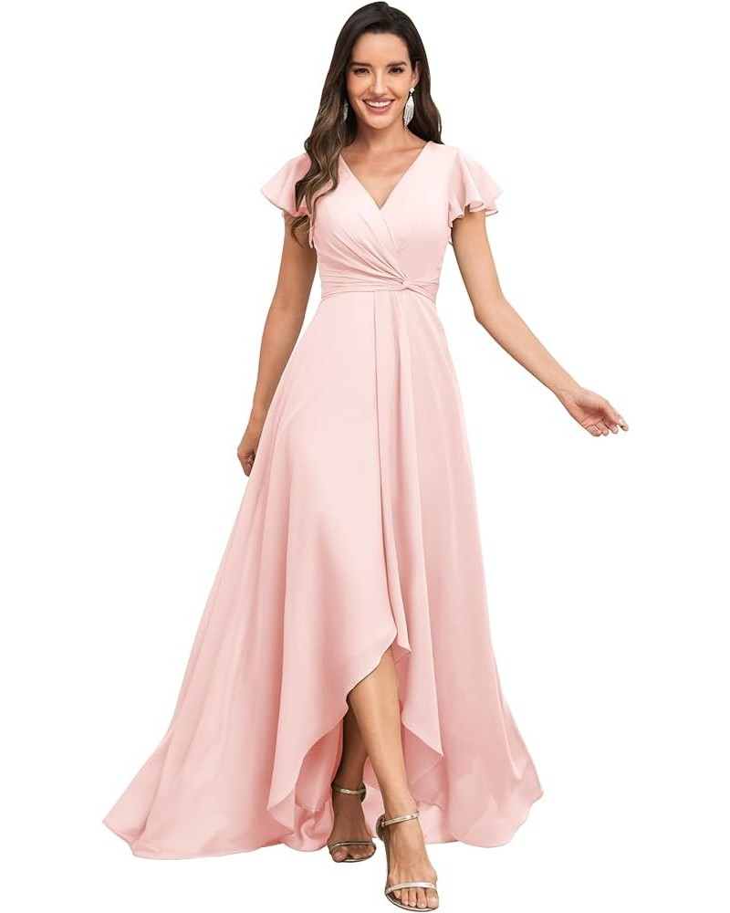 High Low Short Sleeve Bridesmaid Dresses for Women Long Chiffon Pleated V Neck Prom Formal Evening Dress Blush Pink $29.14 Dr...