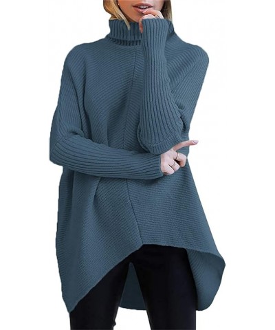 Womens Turtleneck Sweaters Oversized Irregular Hem Casual Pullover Cable Knitted Long Sleeve Jumper Loose Fit Tops Dark Blue ...