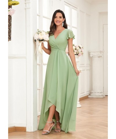 High Low Short Sleeve Bridesmaid Dresses for Women Long Chiffon Pleated V Neck Prom Formal Evening Dress Blush Pink $29.14 Dr...