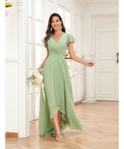 High Low Short Sleeve Bridesmaid Dresses for Women Long Chiffon Pleated V Neck Prom Formal Evening Dress Blush Pink $29.14 Dr...