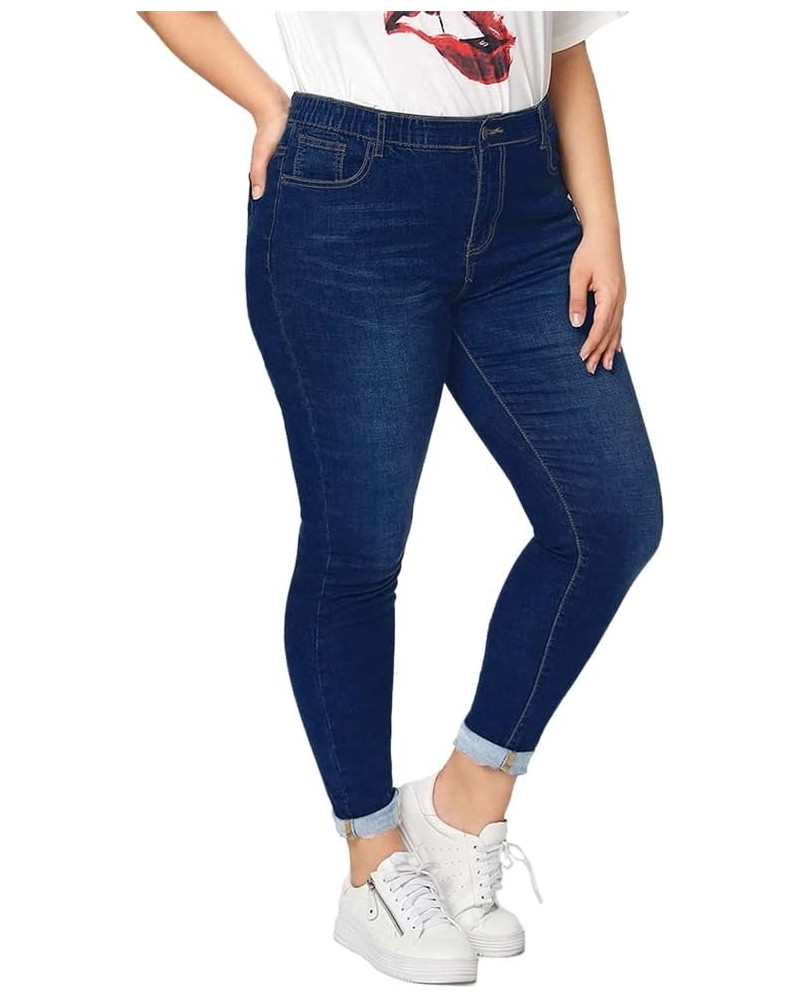 Women Plus Size Ripped Stretch Skinny Jeans, High Rise Distressed Denim Jegging Elastic Waist Dark Blue $18.48 Jeans