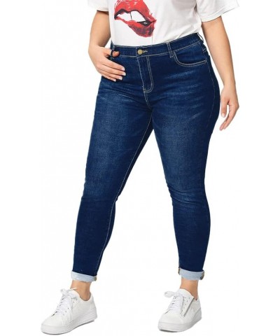 Women Plus Size Ripped Stretch Skinny Jeans, High Rise Distressed Denim Jegging Elastic Waist Dark Blue $18.48 Jeans