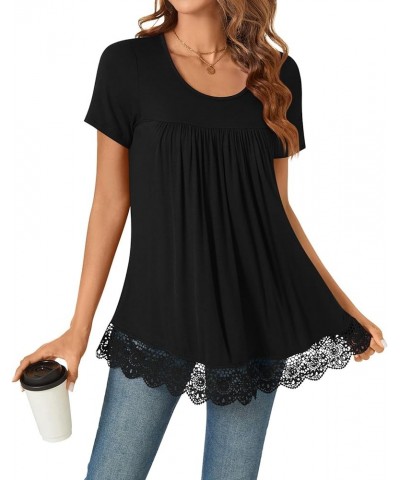 Women's Tunic Tops 2024 Short Sleeve T-Shirts Summer Casual Hide Belly Elastic Shirt with Lace Hem Lace Hem-black $10.39 Tops