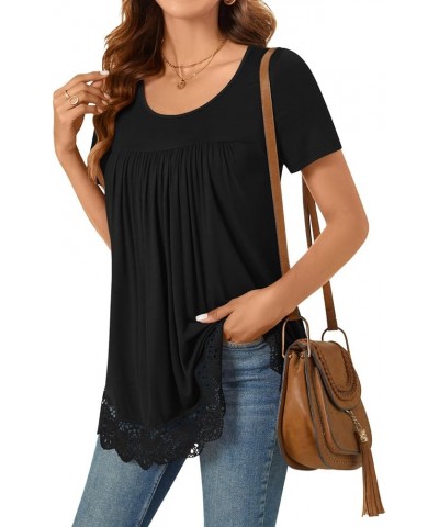 Women's Tunic Tops 2024 Short Sleeve T-Shirts Summer Casual Hide Belly Elastic Shirt with Lace Hem Lace Hem-black $10.39 Tops